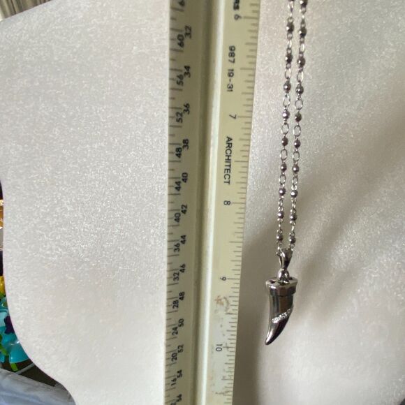 Stainless Steel Fang Necklace with Crystals, Tribal Gothic Silver Pendant - Picture 5 of 8